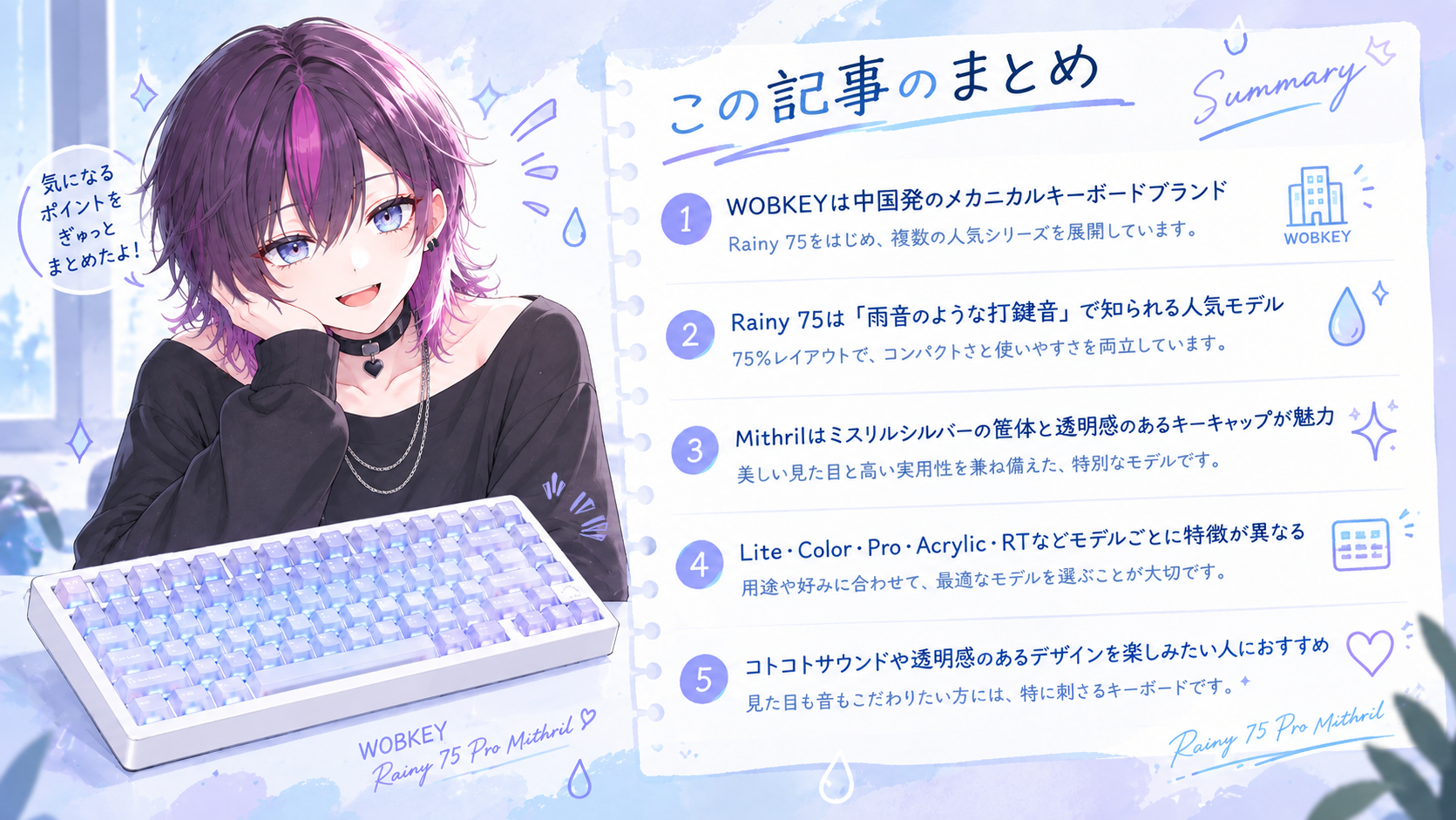 WOBKEY Rainy 75 Pro Mithrilの特徴を5項目でまとめたイラスト画像